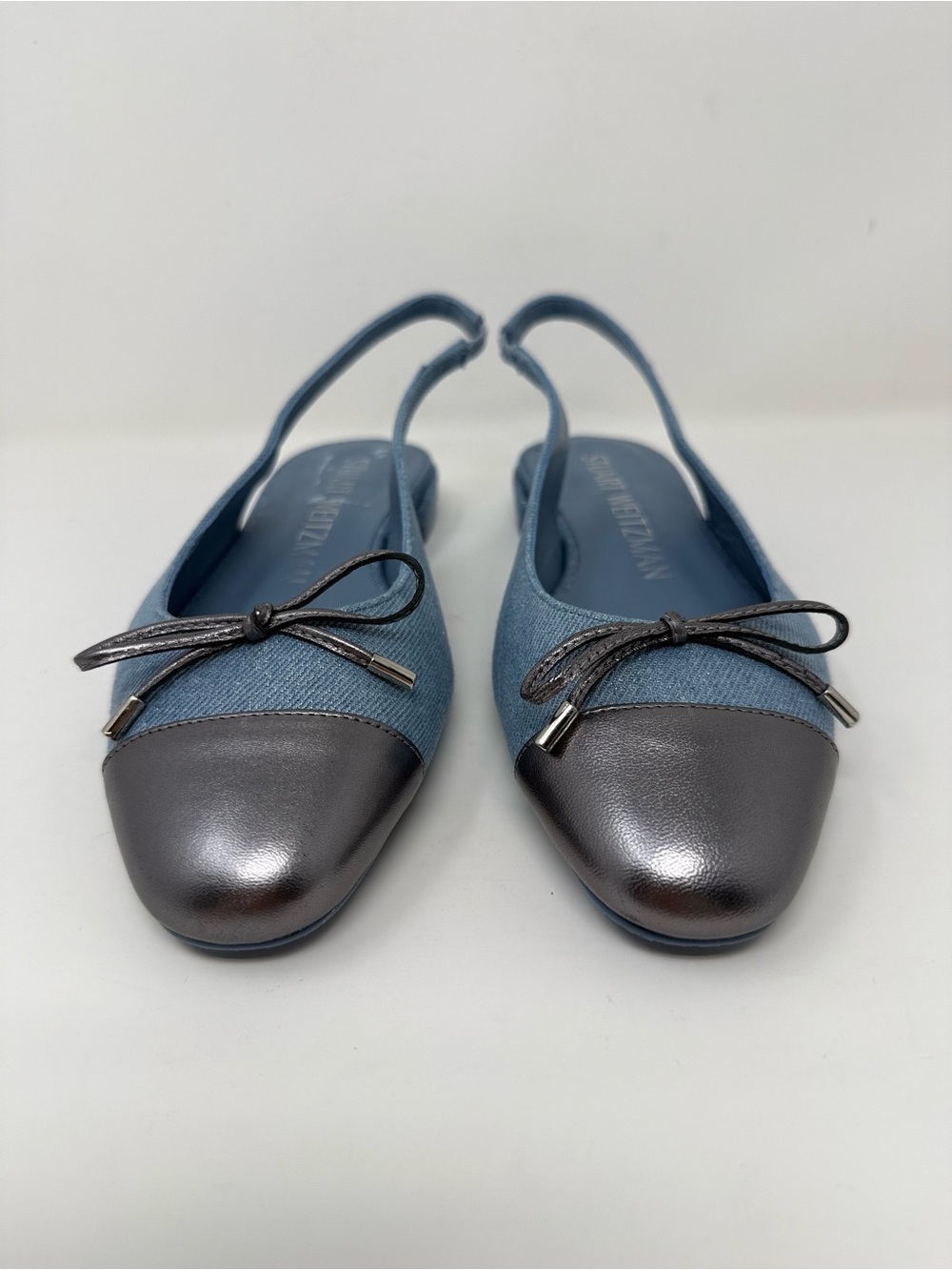 New Stuart Weitzman Sleek Bow Slingback Flat Metallic Denim Sz 7.5 - Picture 8 of 15